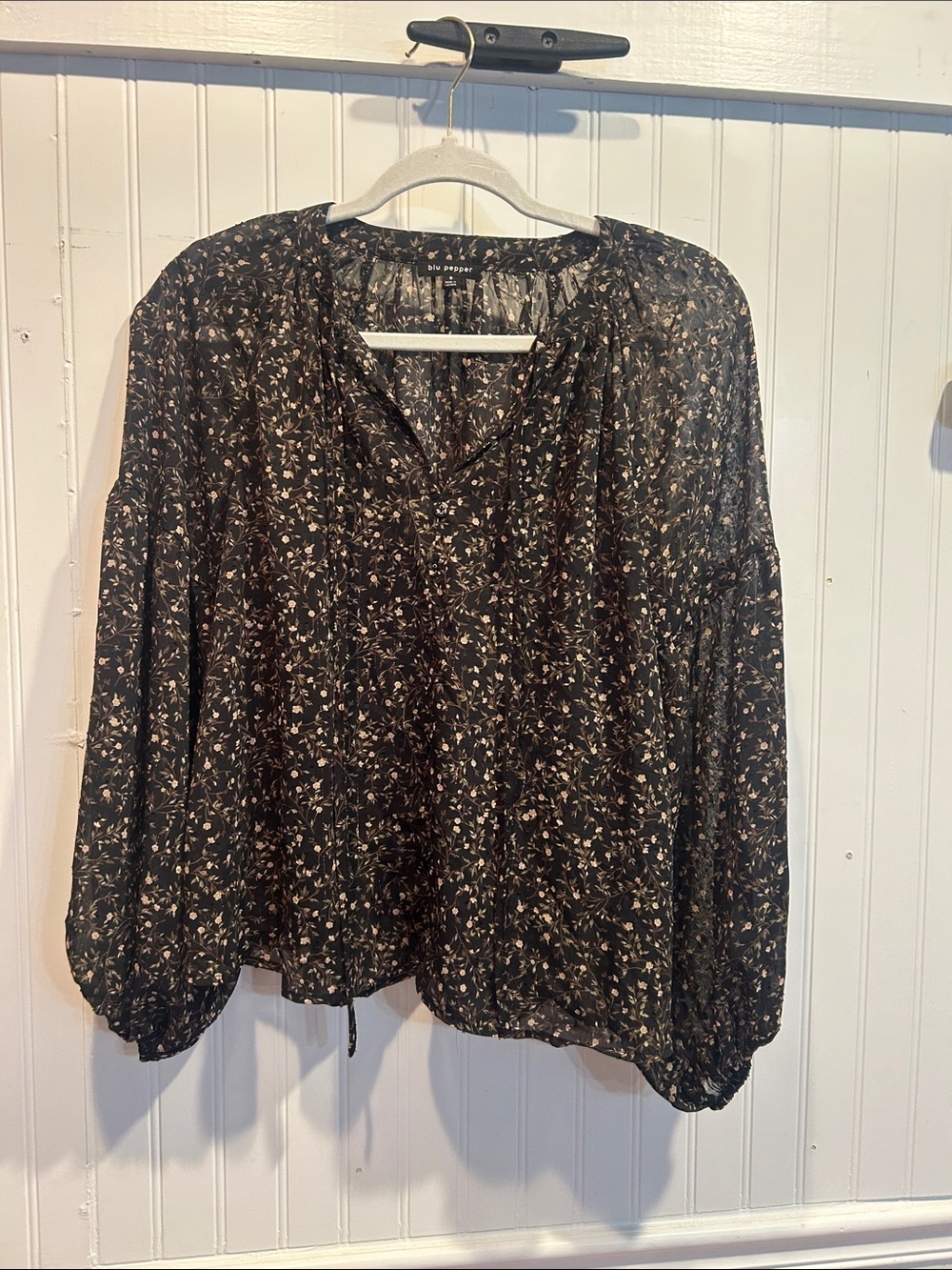 Blue Pepper Black Floral V-Neck Peasant Blouse